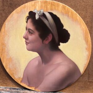 Oil painting on round canvas mounted on board.